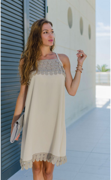Casual summer dresses / Beige Elegant Regular fit Georgette and Leather elements Sleeveless Summer Midi Dress