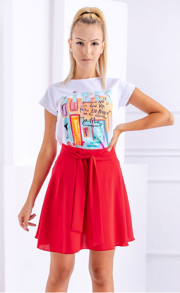 red midi Skirts ⭐ Summer Red Georgette mini Oversize Belt Skirt