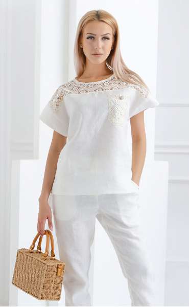 екрю Летни блузи ⭐ Асиметрична лятна ленена блуза с памучна