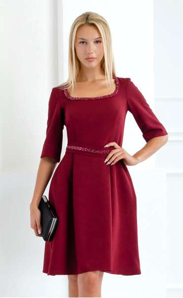 Elegant midi short sleeve burgundy autumn dress